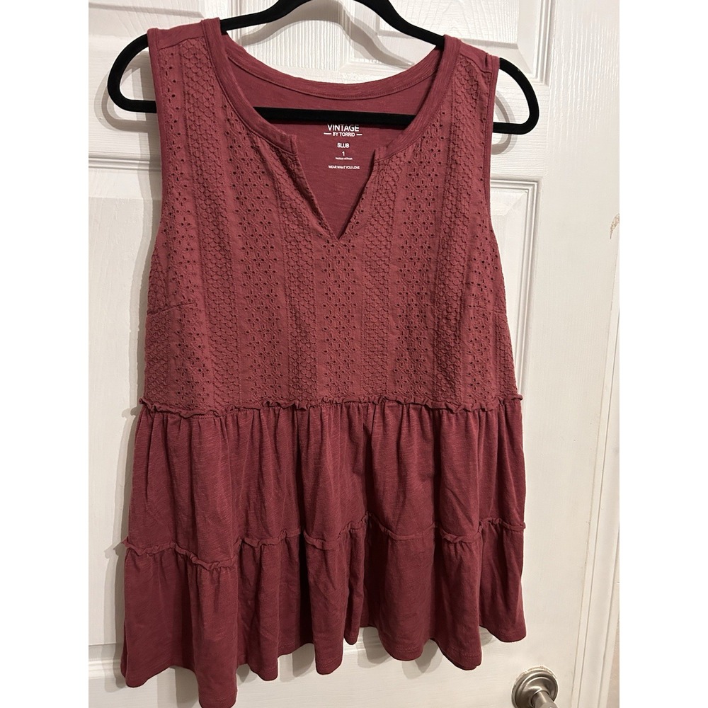 Torrid Vintage Slub 1 Notch Neck Lace Babydoll Tank Top Ruffle Boho Cottagecore - Picture 6 of 10